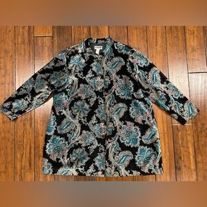 Vintage Velvet Long Blazer Womens Size 24W Black Teal Tapestry Paisley Lined